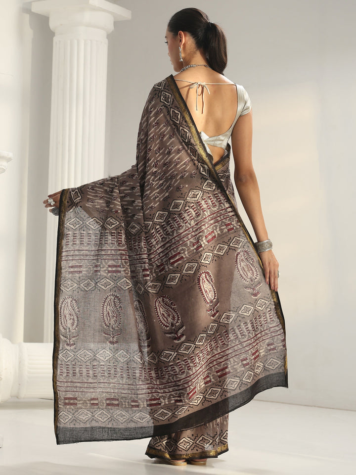 Grey Dabu Print Cotton Saree