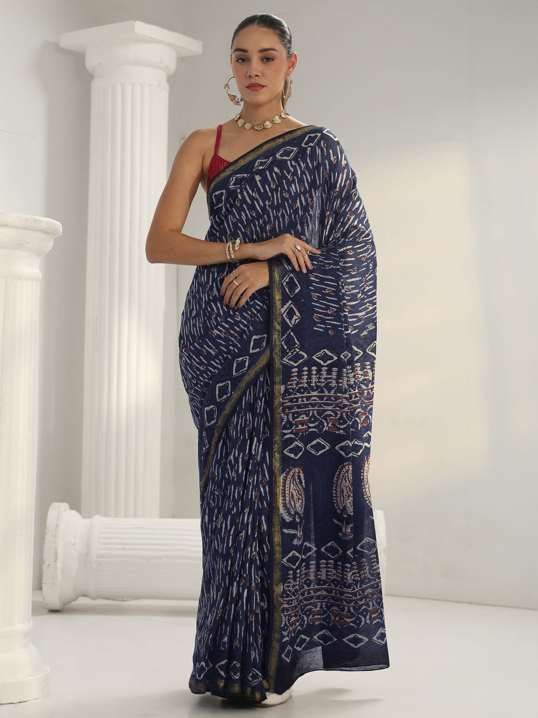 Indigo Dabu Print Cotton Saree