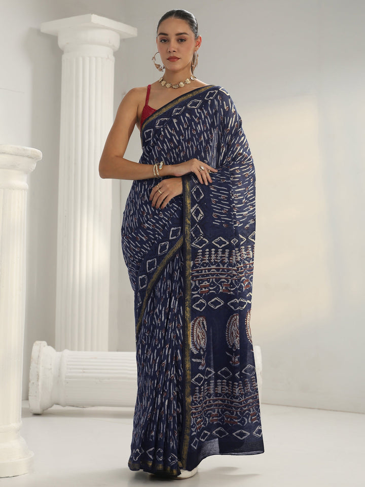 Indigo Dabu Print Cotton Saree