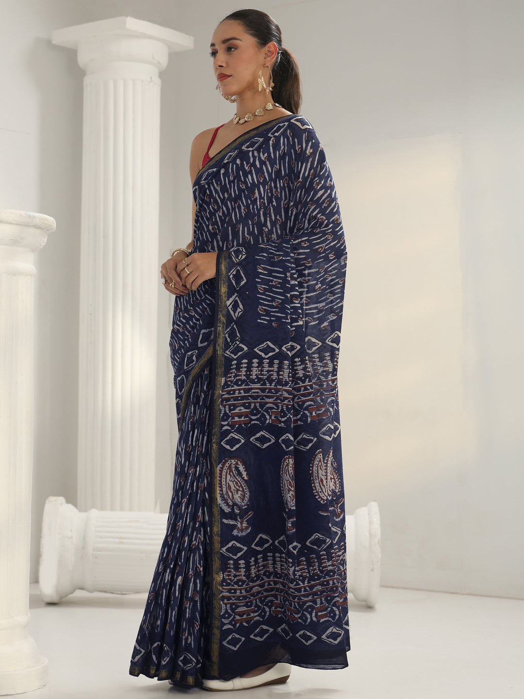 Indigo Dabu Print Cotton Saree