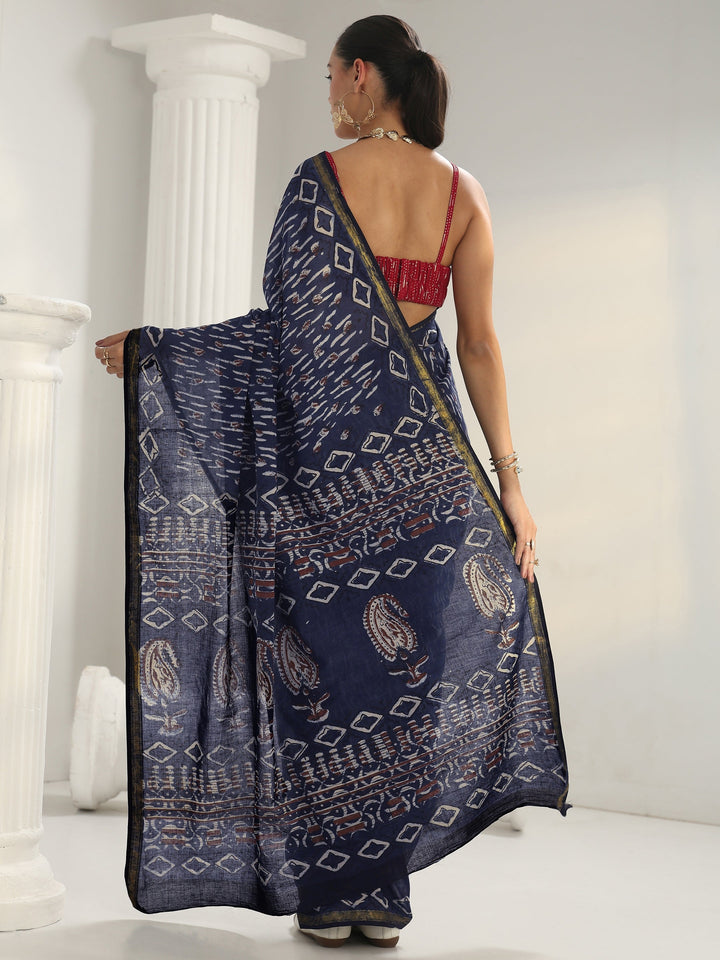 Indigo Dabu Print Cotton Saree