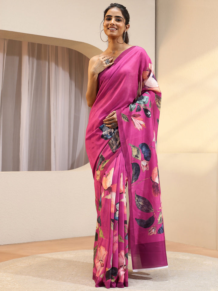 Rose Pink Floral Printed Silk Blend Saree