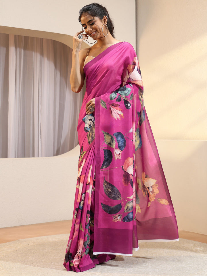 Rose Pink Floral Printed Silk Blend Saree