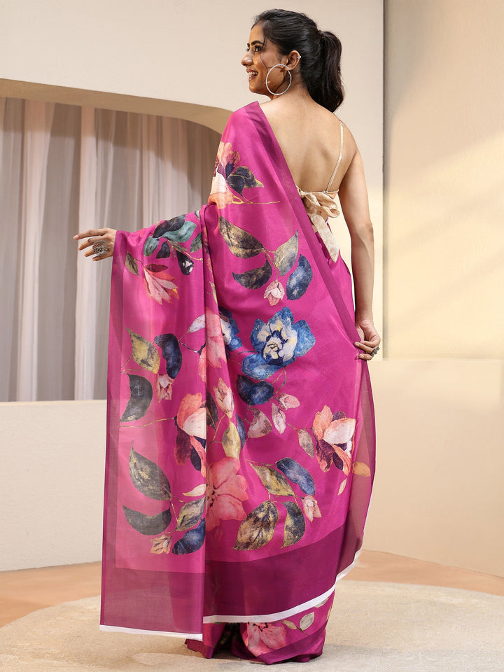 Rose Pink Floral Printed Silk Blend Saree