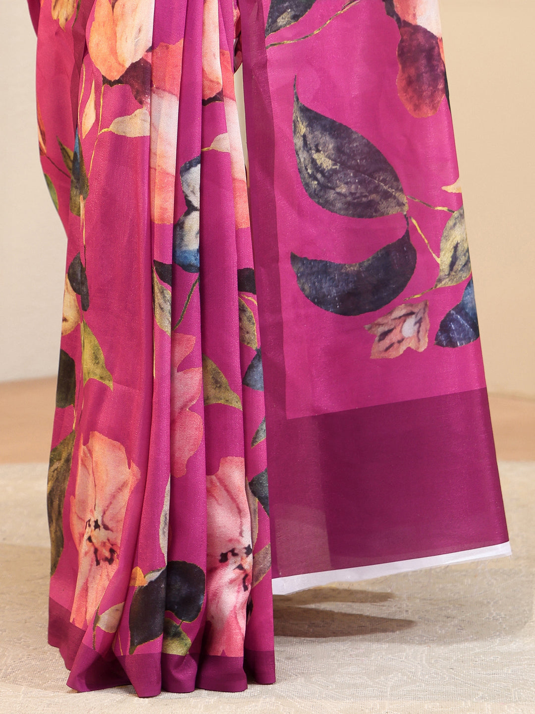 Rose Pink Floral Printed Silk Blend Saree