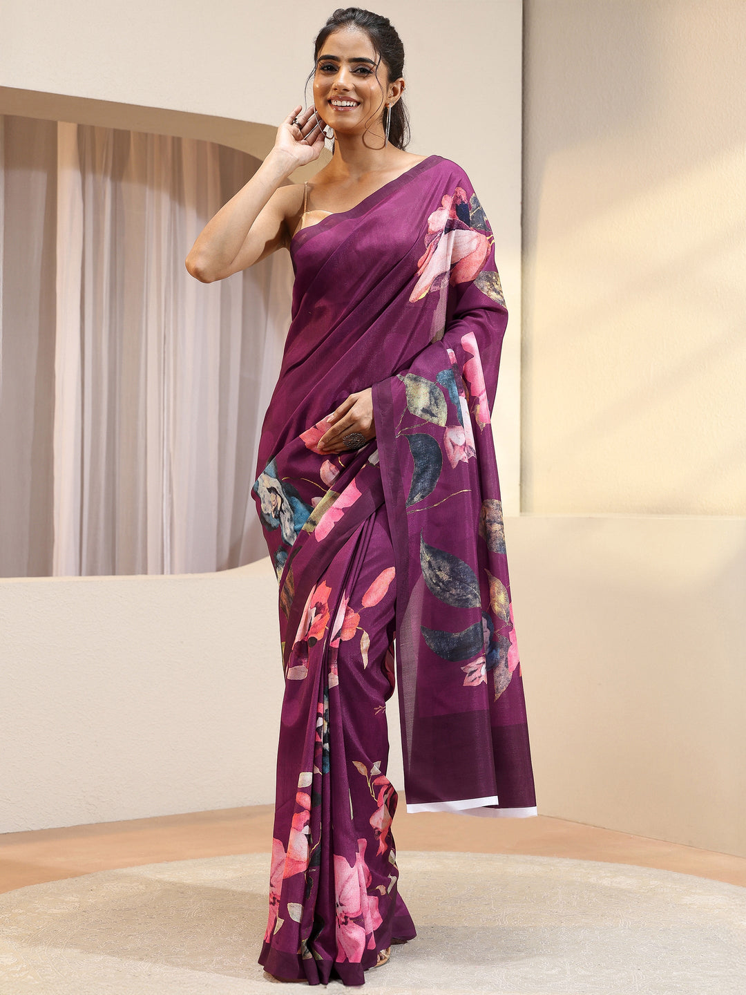 Burgundy Floral Printed Silk Blend Saree
