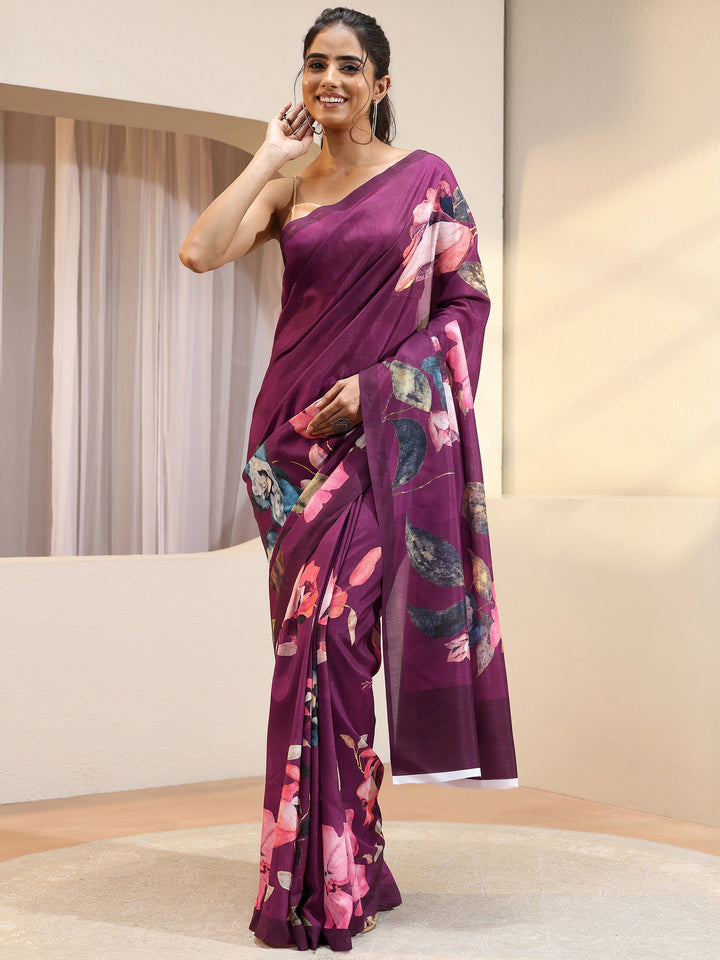 Burgundy Floral Printed Silk Blend Saree