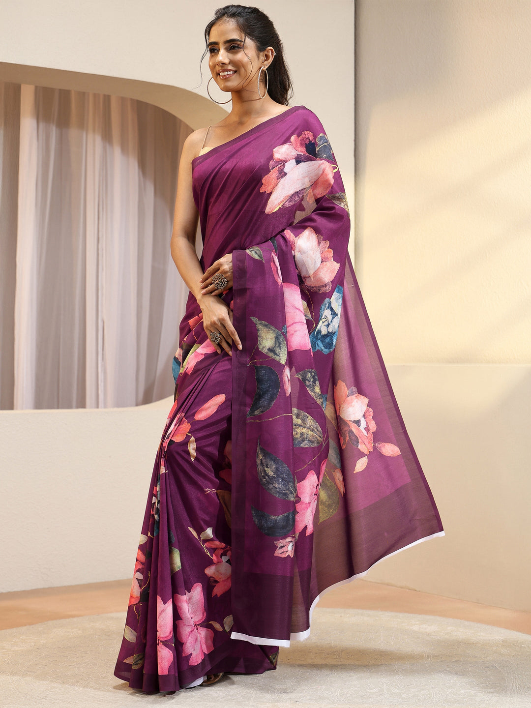 Burgundy Floral Printed Silk Blend Saree