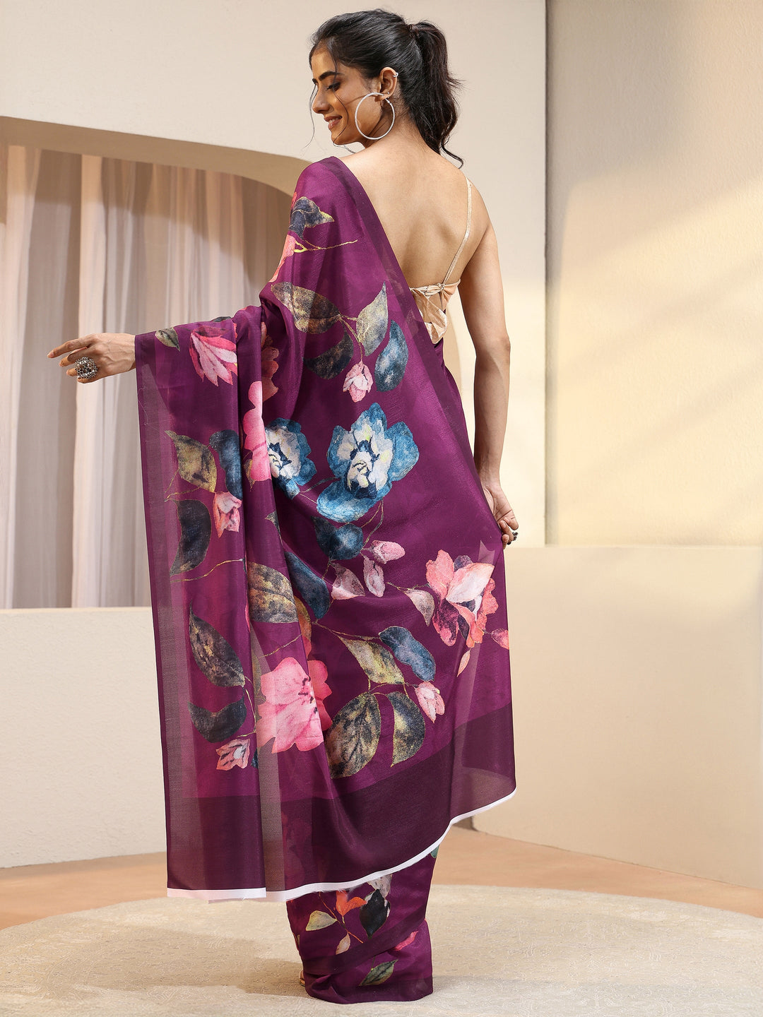Burgundy Floral Printed Silk Blend Saree