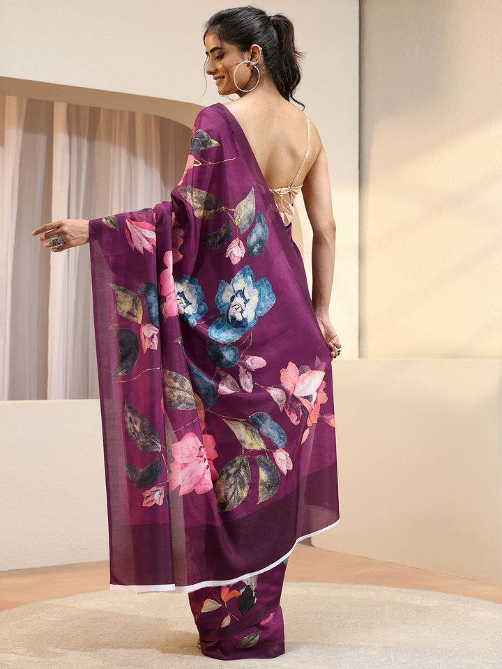 Burgundy Floral Printed Silk Blend Saree