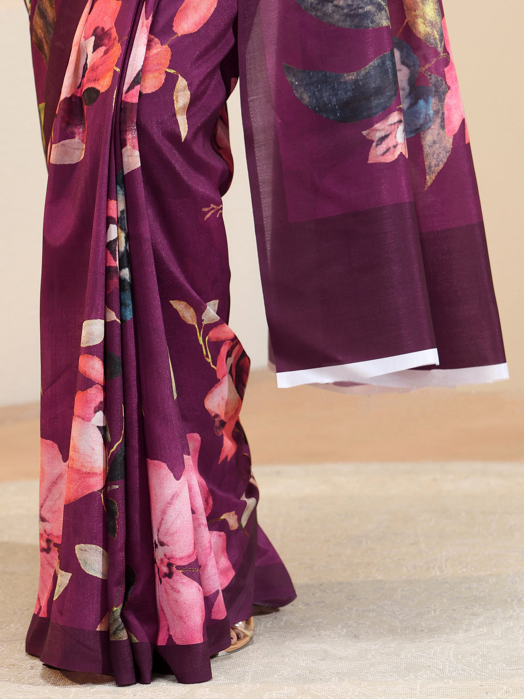 Burgundy Floral Printed Silk Blend Saree