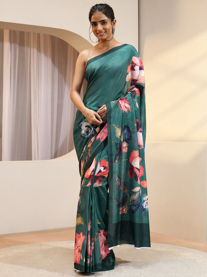 Forest Green Floral Printed Silk Blend Saree