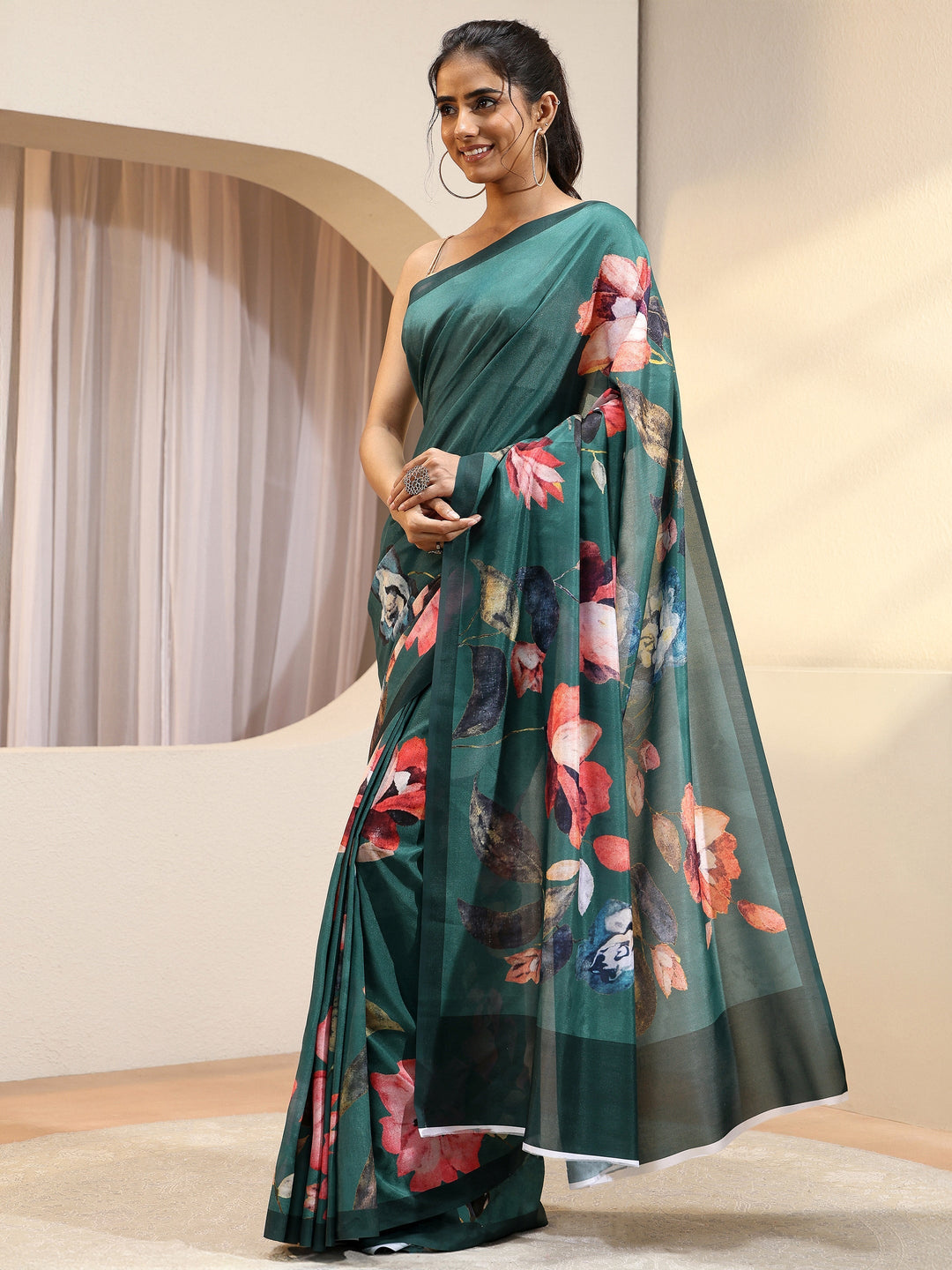 Forest Green Floral Printed Silk Blend Saree