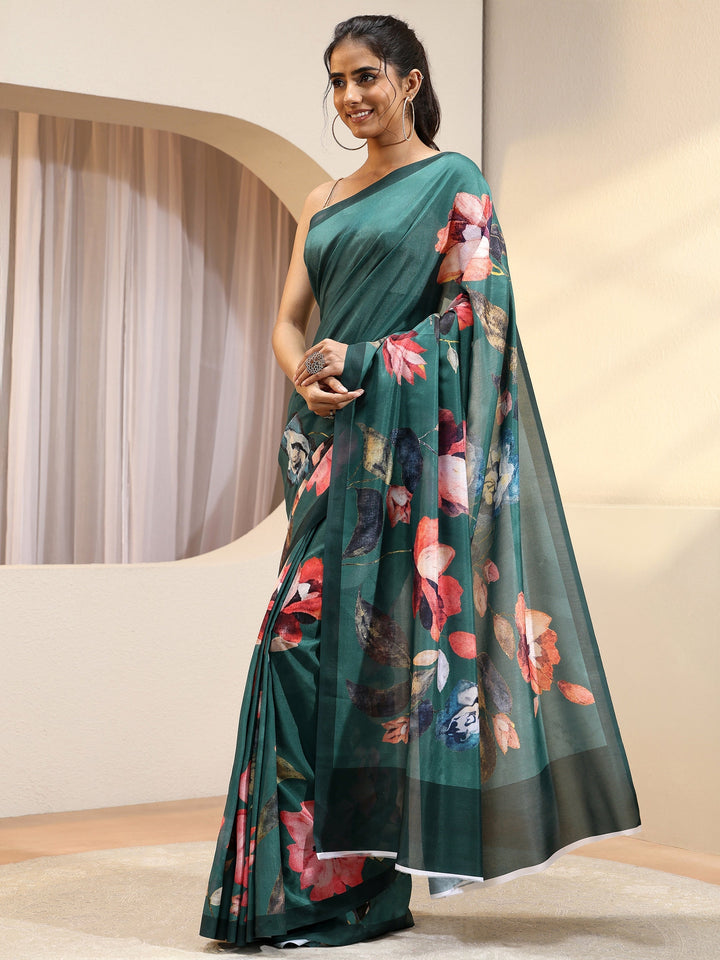 Forest Green Floral Printed Silk Blend Saree
