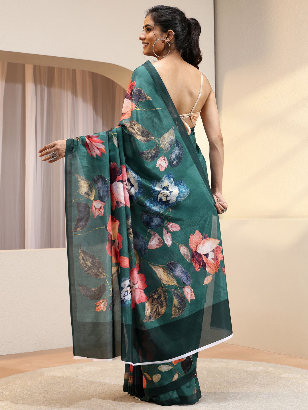 Forest Green Floral Printed Silk Blend Saree
