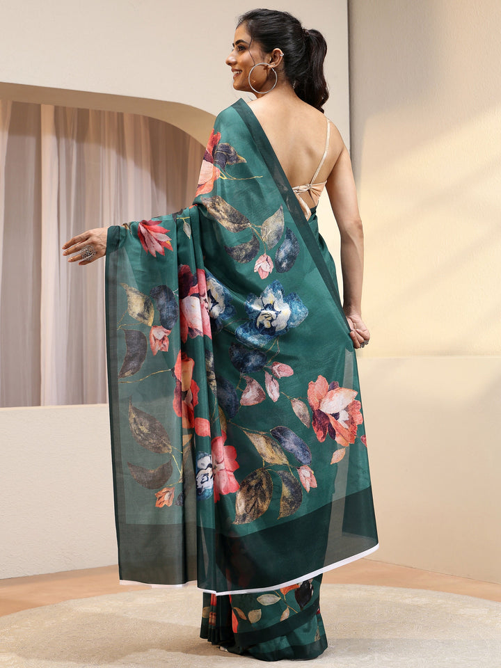 Forest Green Floral Printed Silk Blend Saree