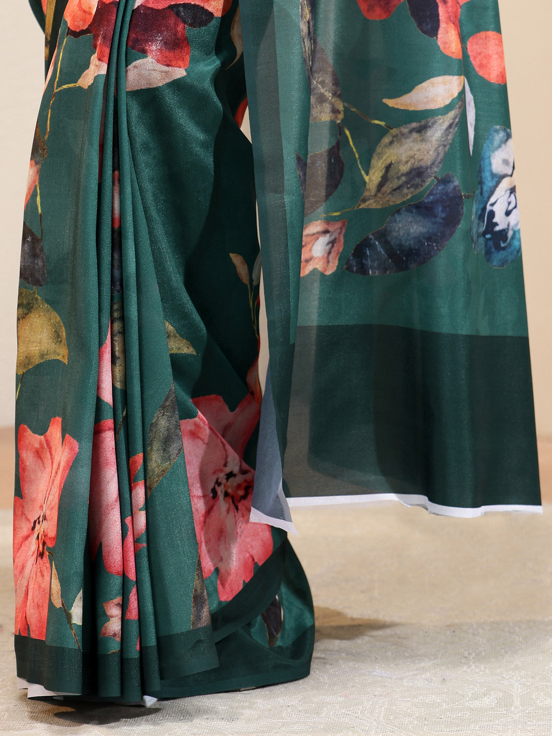 Forest Green Floral Printed Silk Blend Saree