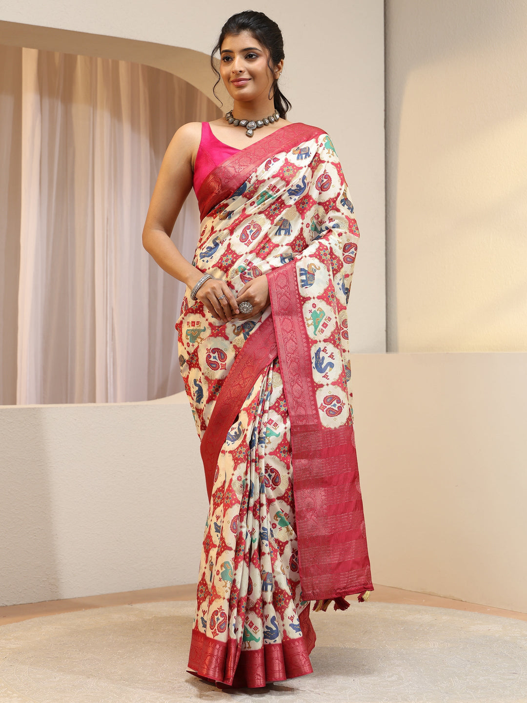 Cream Printed Silk Blend Patola Saree