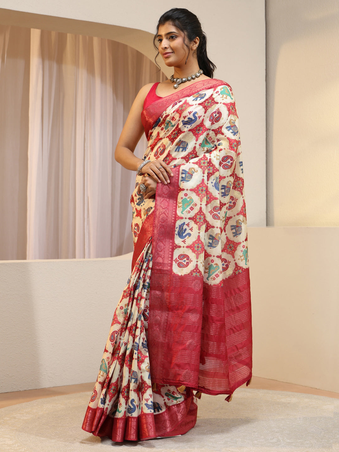 Cream Printed Silk Blend Patola Saree
