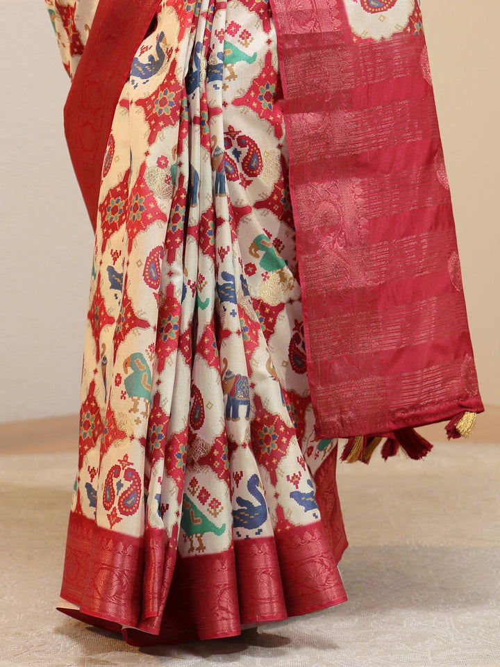 Cream Printed Silk Blend Patola Saree