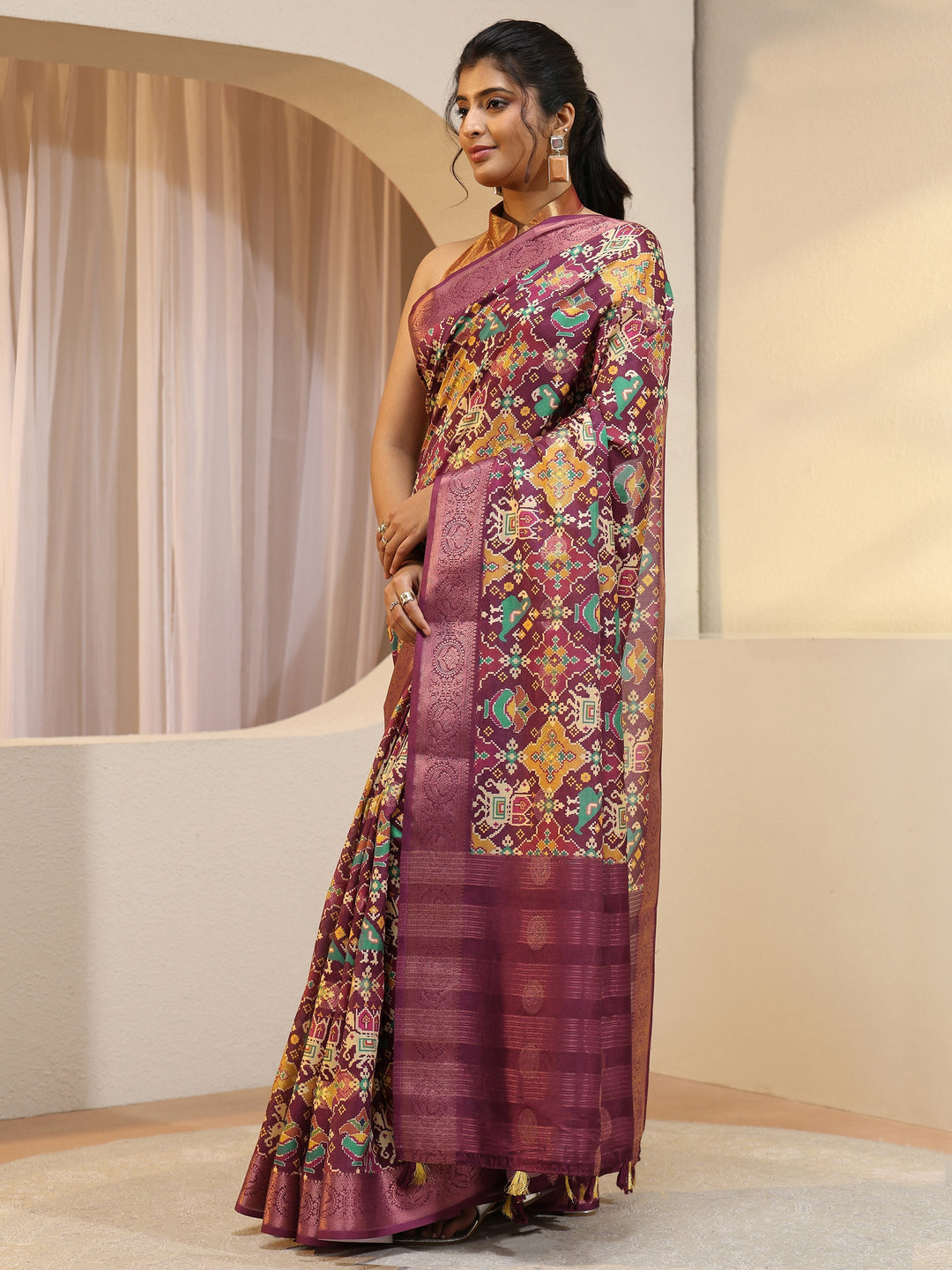 Burgundy Ethnic Print Silk Blend Patola Saree