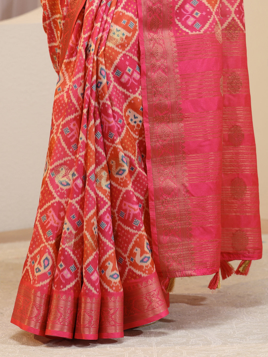 Coral Pink Ethnic Print Silk Blend Patola Saree