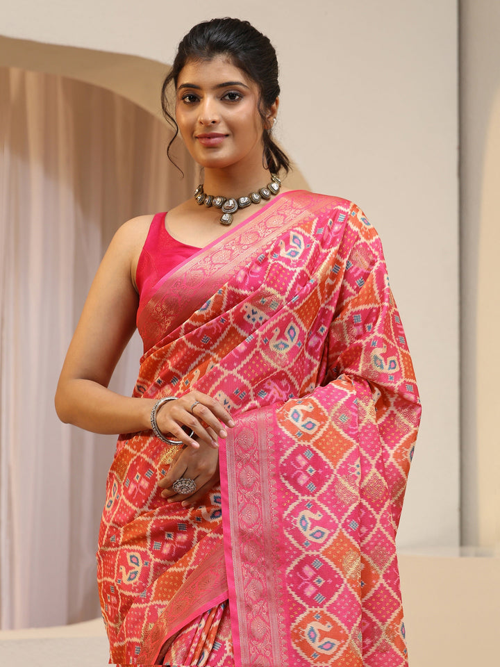 Coral Pink Ethnic Print Silk Blend Patola Saree
