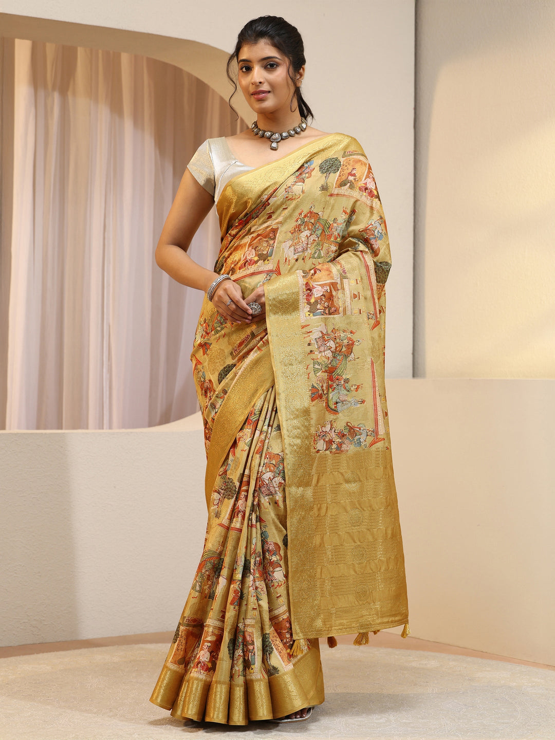 Mustard Maharaja Print Silk Blend Saree