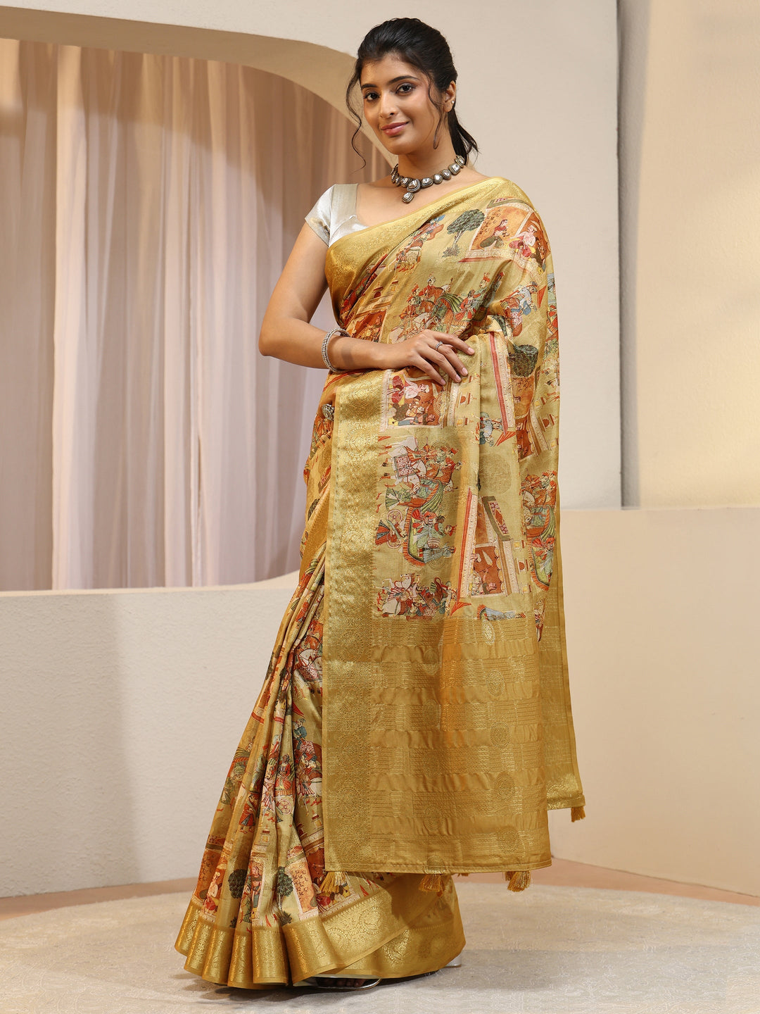 Mustard Maharaja Print Silk Blend Saree