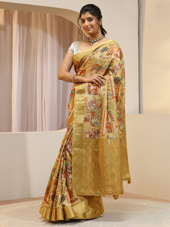 Mustard Maharaja Print Silk Blend Saree