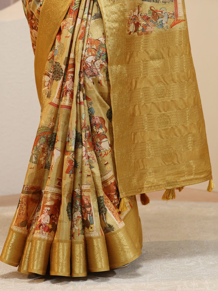 Mustard Maharaja Print Silk Blend Saree