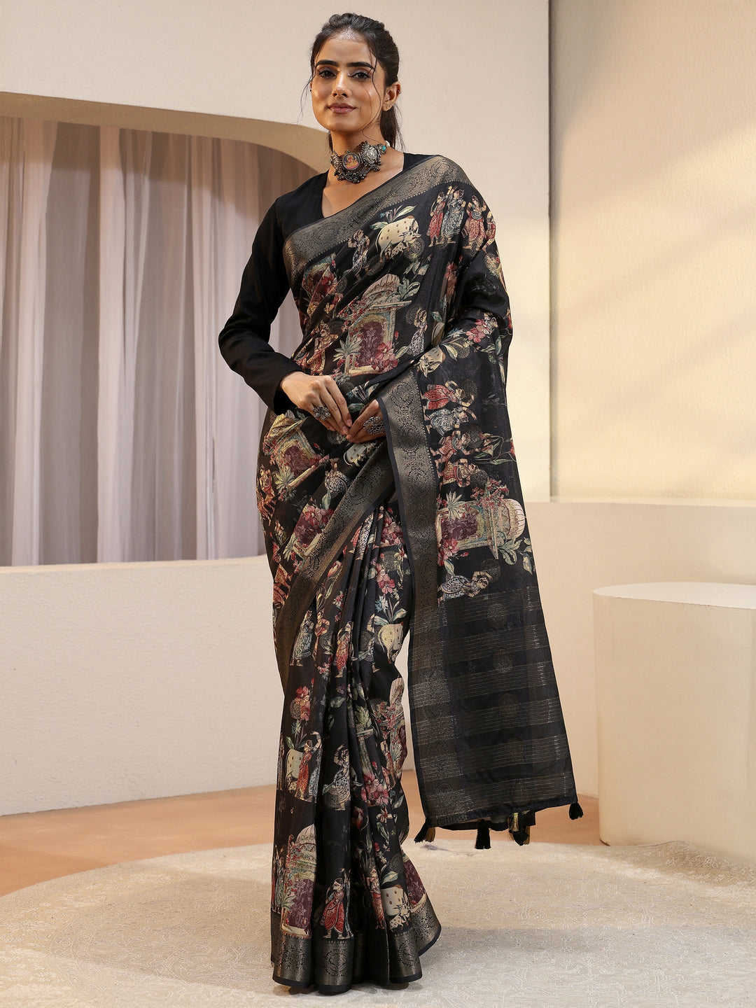 Black Maharaja Print Silk Blend Saree