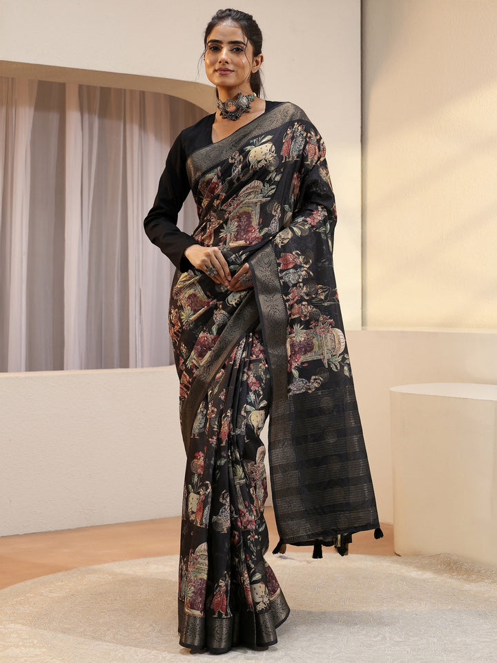 Black Maharaja Print Silk Blend Saree
