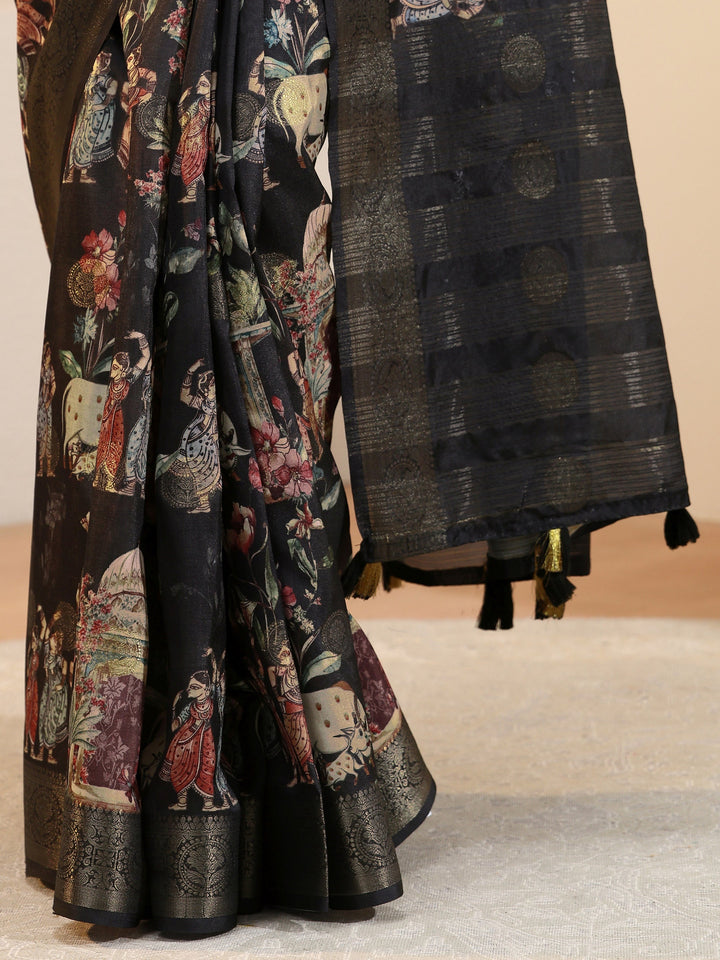 Black Maharaja Print Silk Blend Saree