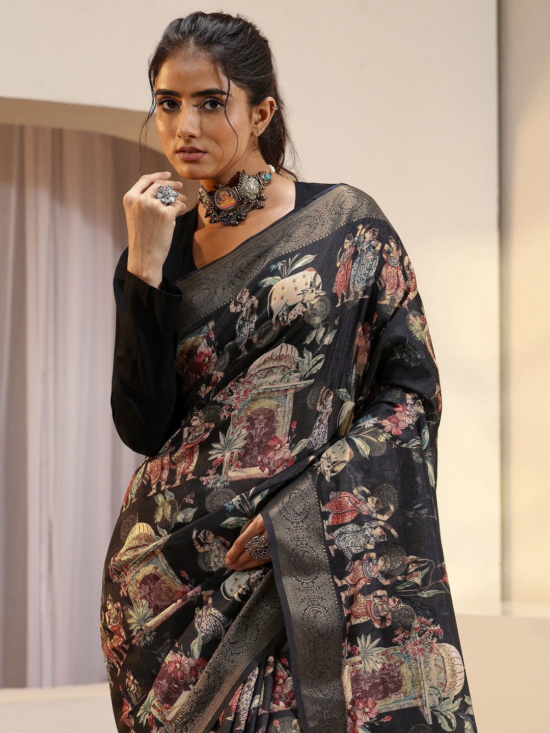 Black Maharaja Print Silk Blend Saree