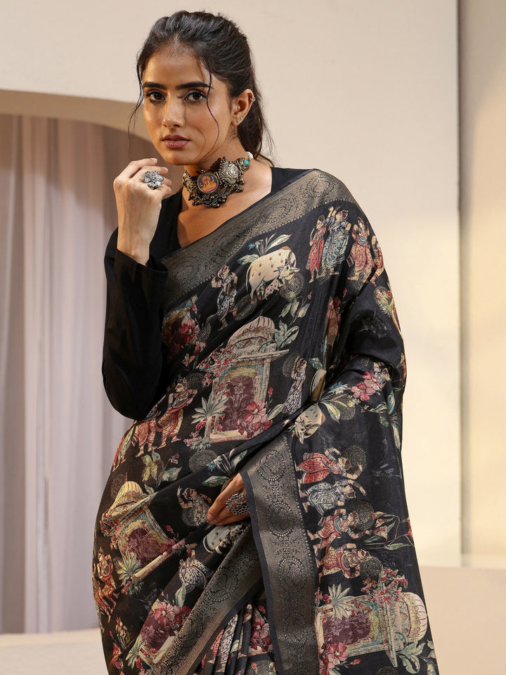 Black Maharaja Print Silk Blend Saree