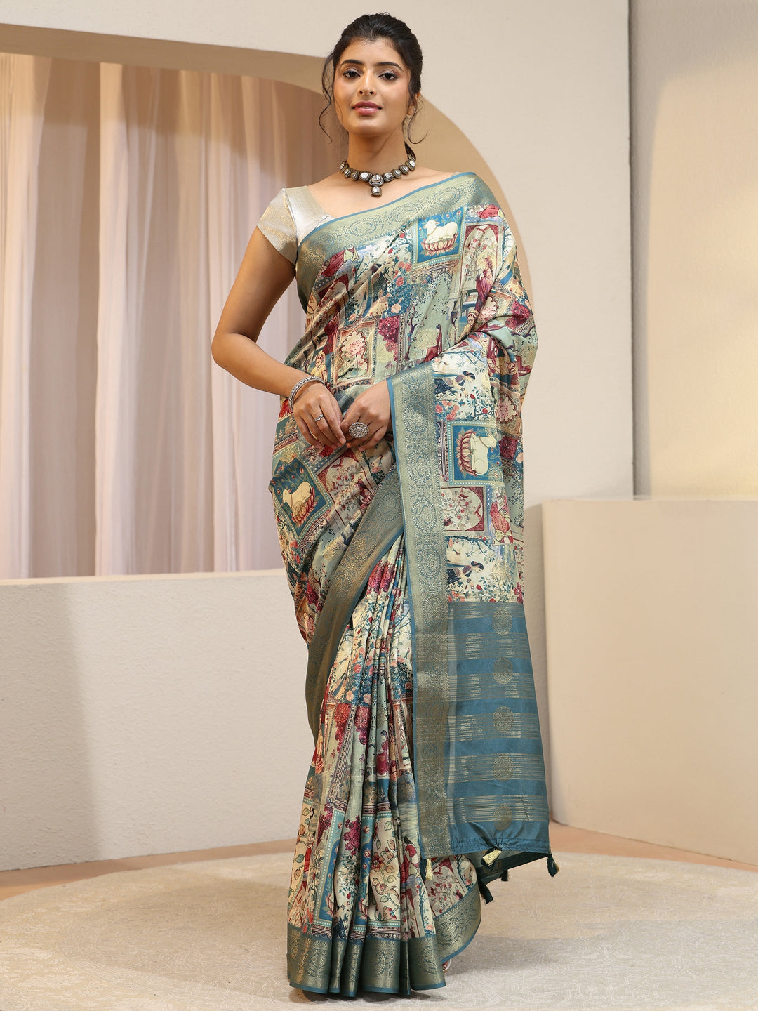 Henna Green Maharaja Print Silk Blend Saree
