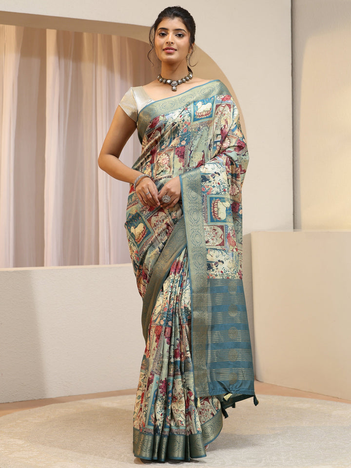 Henna Green Maharaja Print Silk Blend Saree