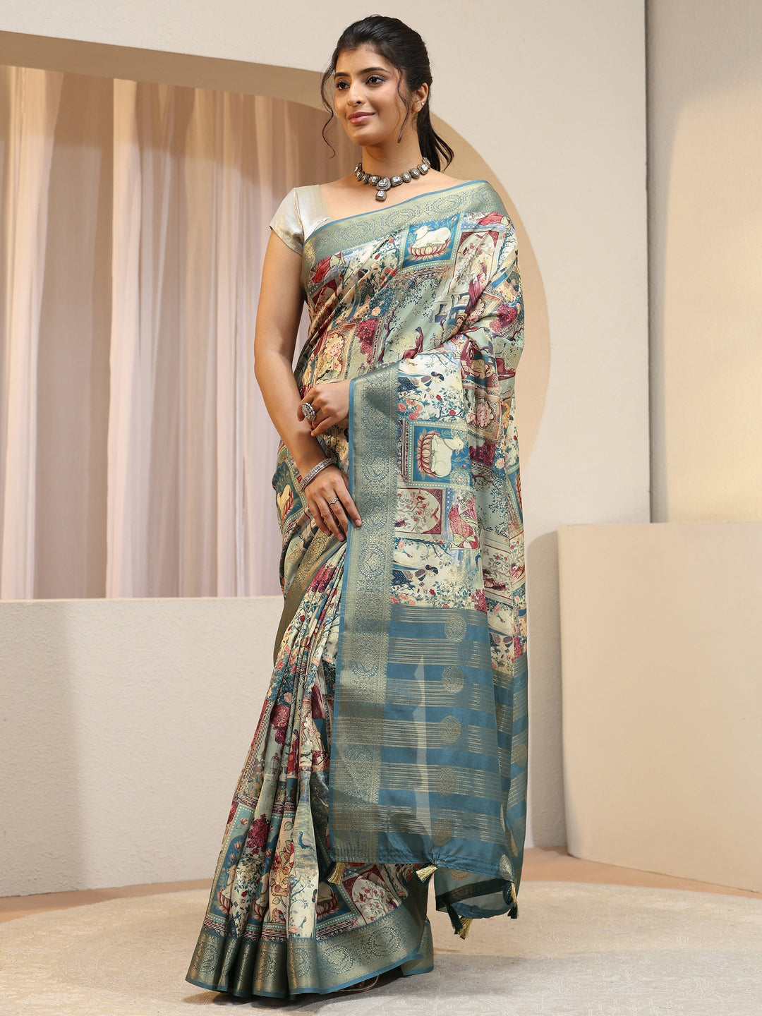 Henna Green Maharaja Print Silk Blend Saree