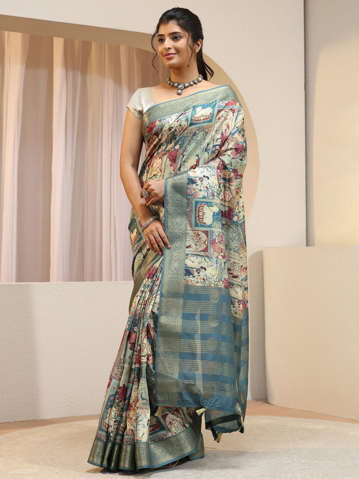 Henna Green Maharaja Print Silk Blend Saree