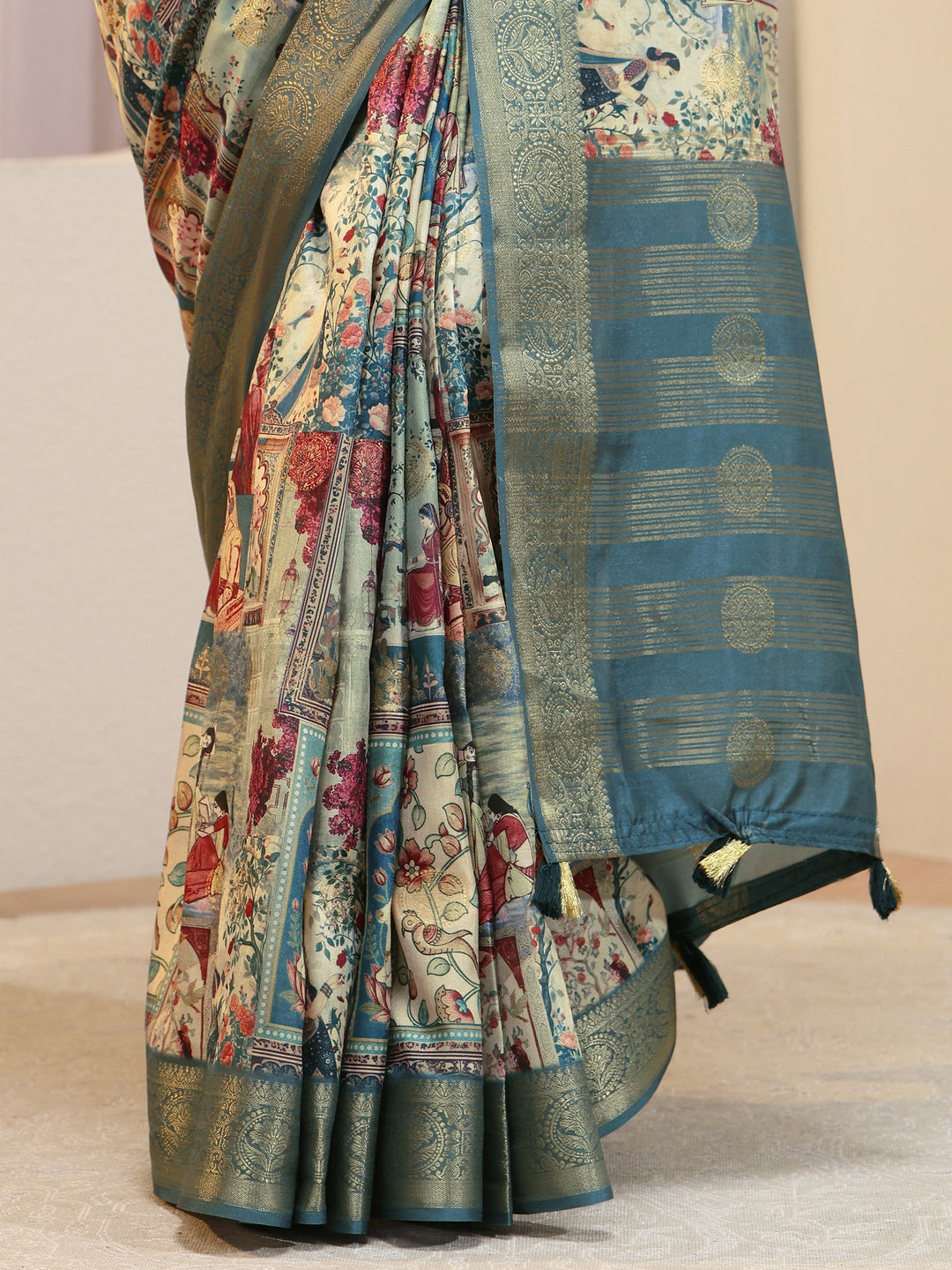 Henna Green Maharaja Print Silk Blend Saree