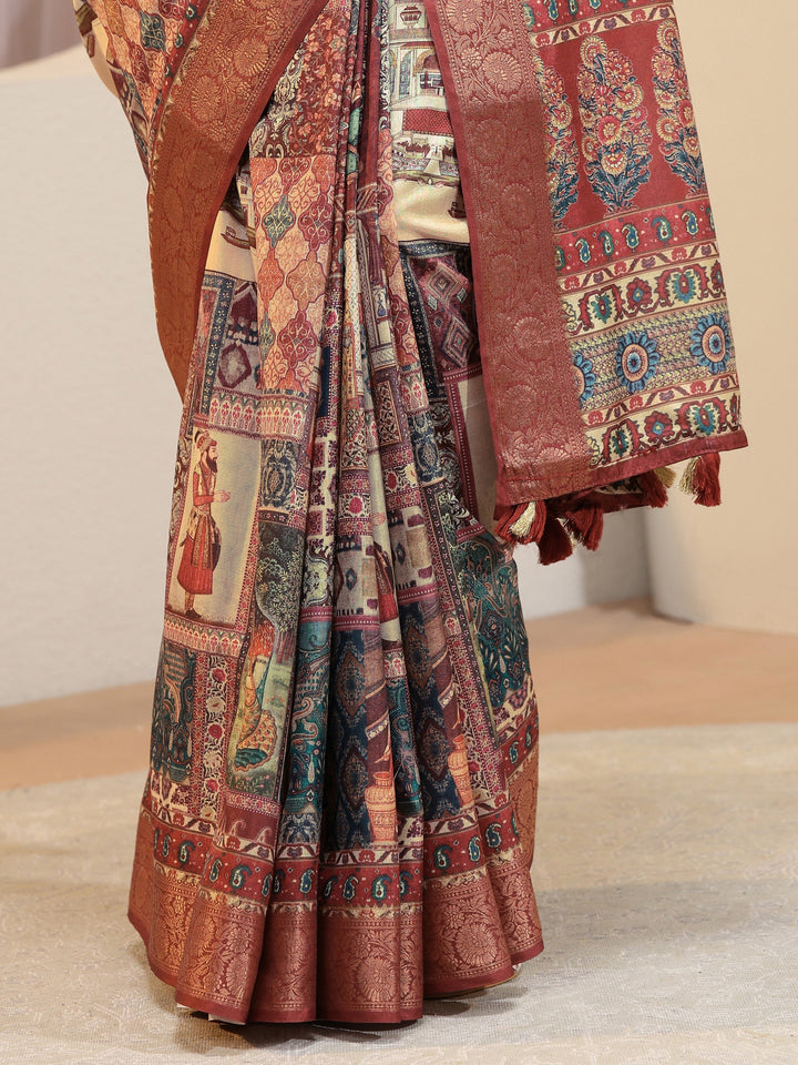 Multicolour Mughal Print Silk Blend Saree