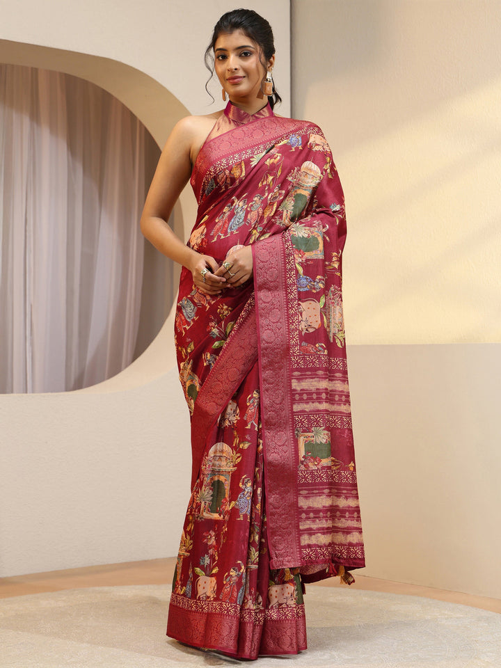 Red Ethnic Print Silk Blend Saree