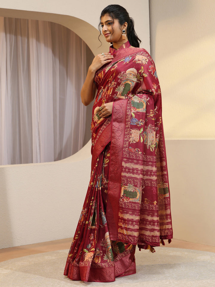 Red Ethnic Print Silk Blend Saree