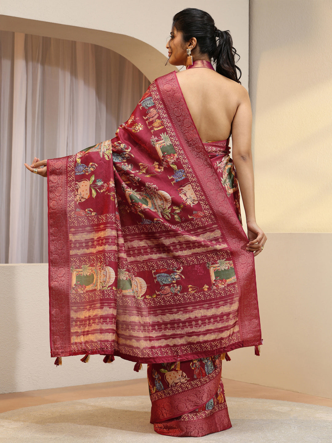 Red Ethnic Print Silk Blend Saree