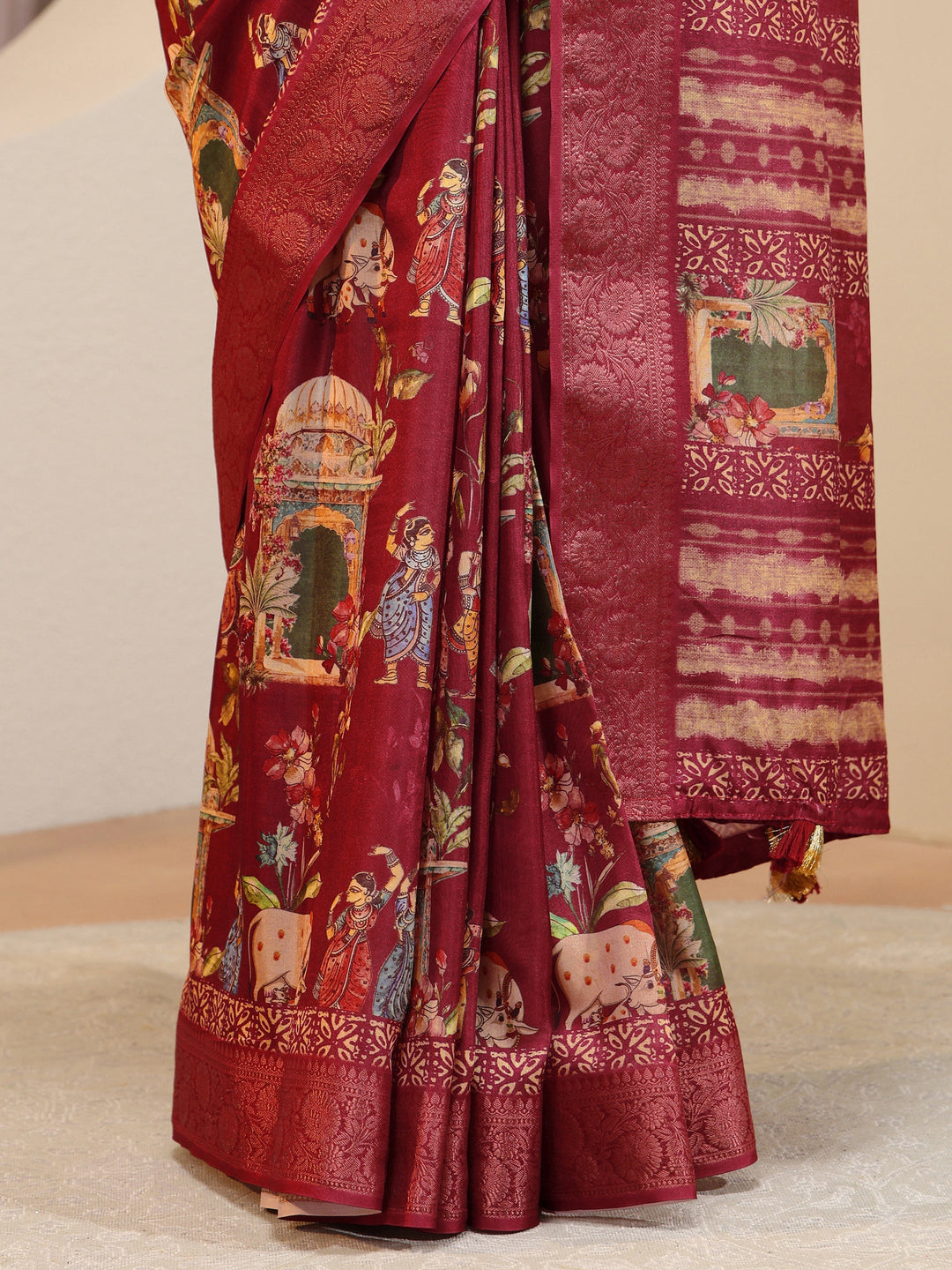Red Ethnic Print Silk Blend Saree