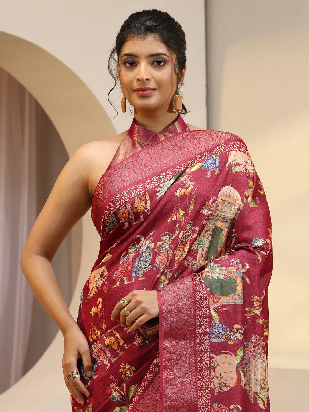 Red Ethnic Print Silk Blend Saree