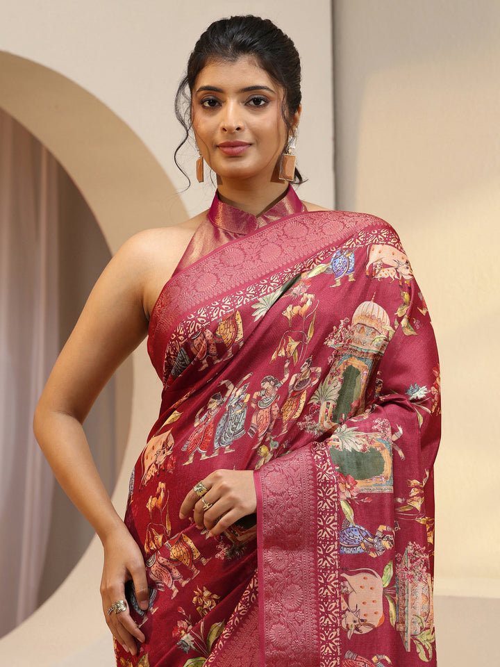 Red Ethnic Print Silk Blend Saree