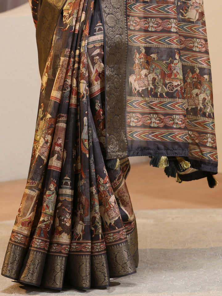 Charcoal Black Maharaja Print Silk Blend Saree