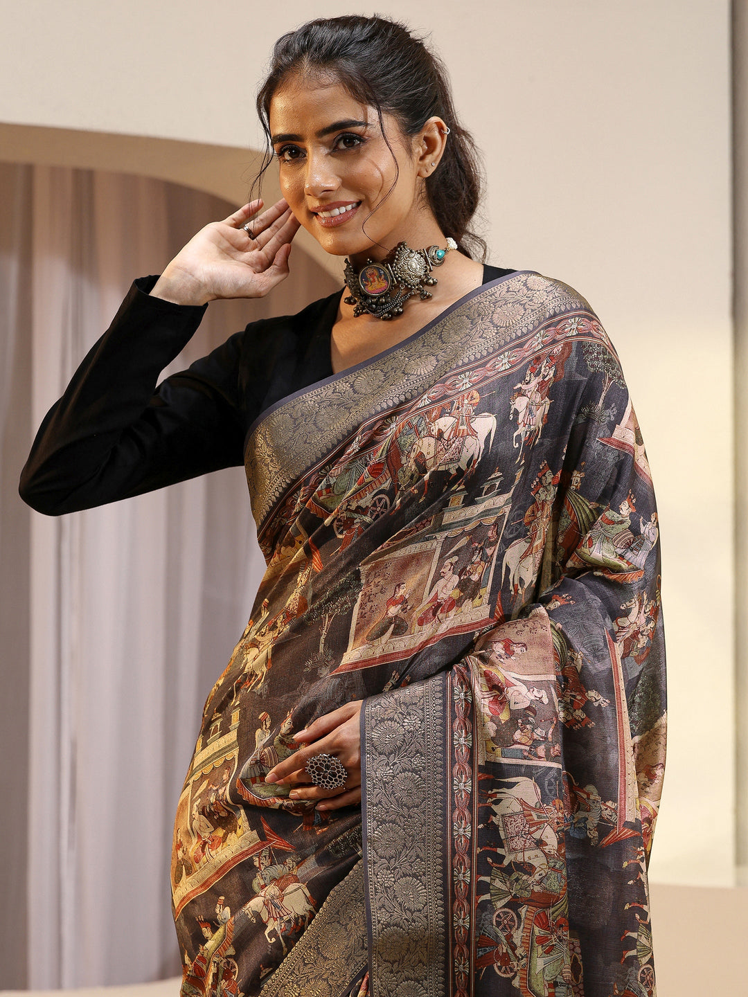 Charcoal Black Maharaja Print Silk Blend Saree
